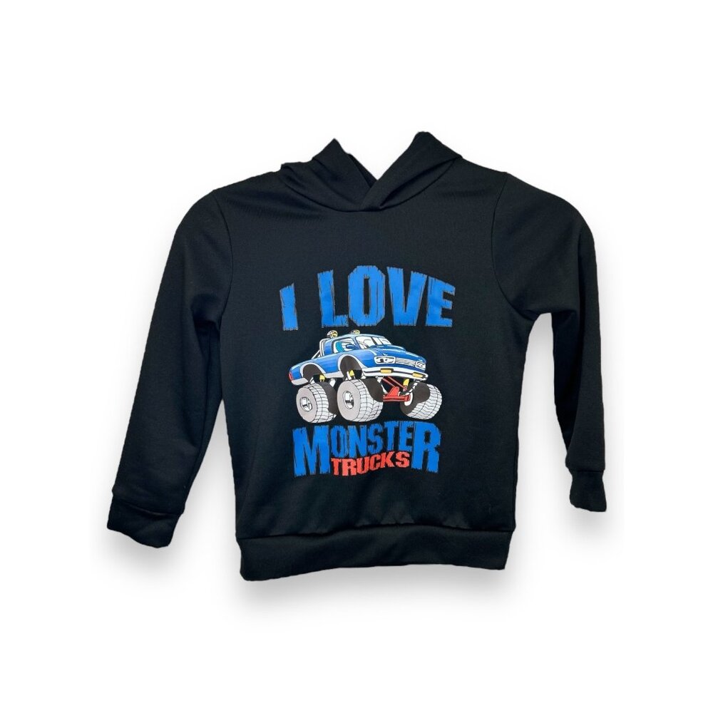 Kids Black Hoodie With "I Love Monster Trucks" Print 5-6Y